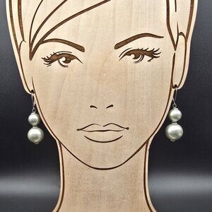 Vintage Stacked Silver-White Faux Pearl Silver Tone Dangle Earrings 2" Long